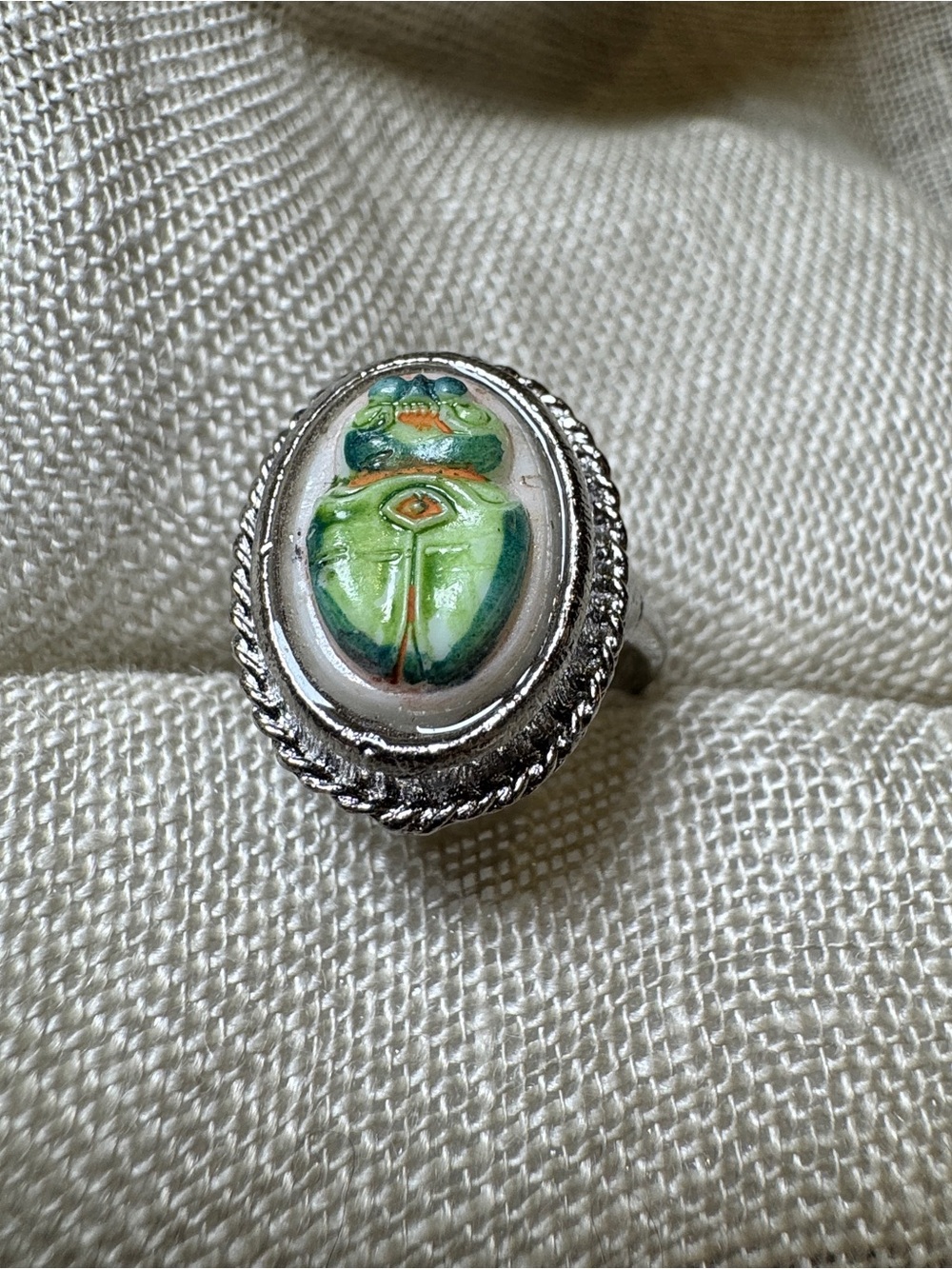Vintage Green Scarab Silver Tone Ring